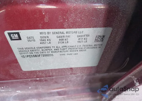 2015 Chevrolet Cruze 1Lt Auto из США, поврежденный, VIN 1G1PC5SB3F7288235